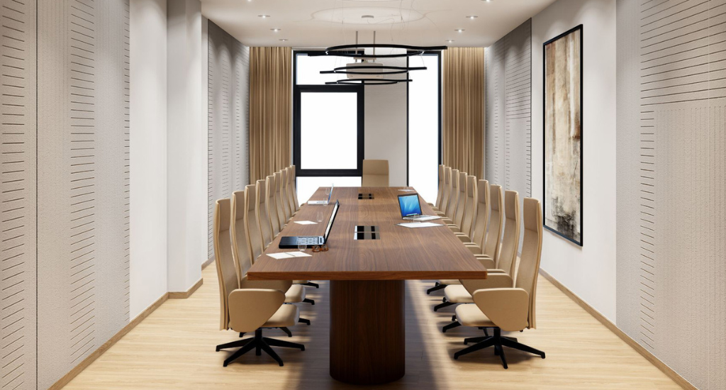 Conference room with long table and chairs for meetings and presentations - Interior design.